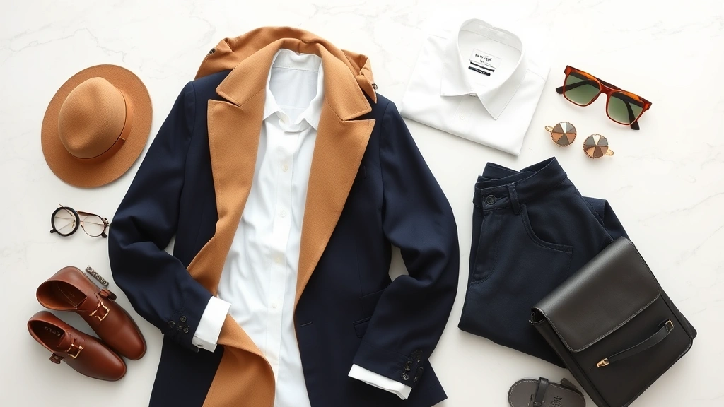 Overhead flat lay of carefully arranged classic wardrobe essentials: white button-down shirt, tailored navy blazer, camel trench coat, and neutral accessories arranged on light marble background, photorealistic luxury fashion styling