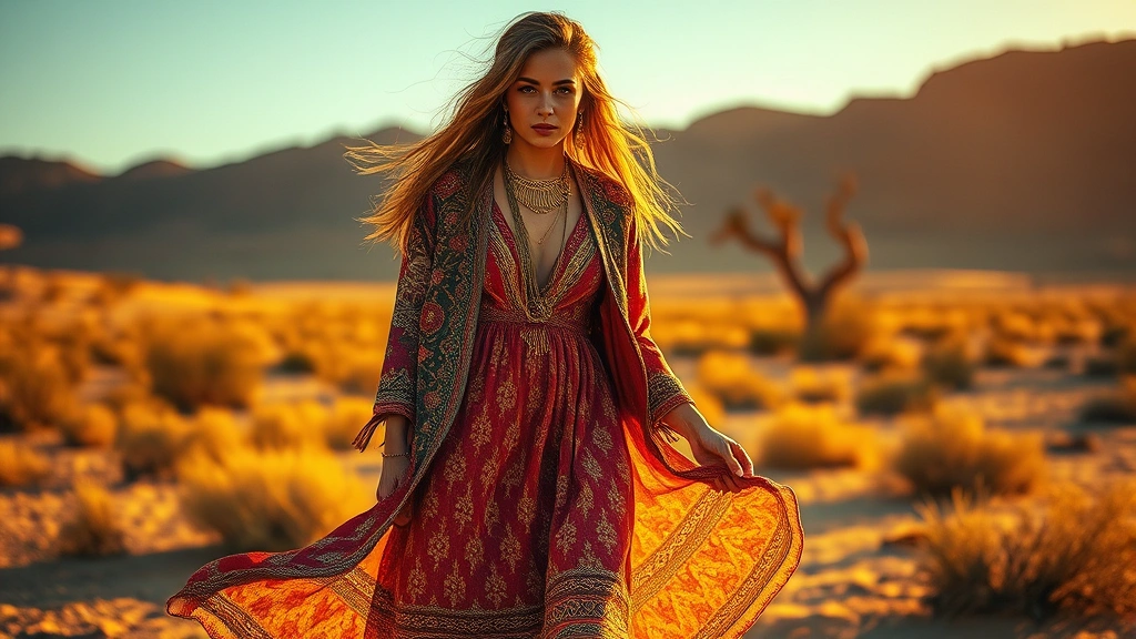 Bohemian woman wearing flowing patterned maxi dress, layered gold jewelry, and vintage embroidered jacket standing in golden hour sunlight with desert landscape background, artistic free-spirited fashion aesthetic photorealistic
