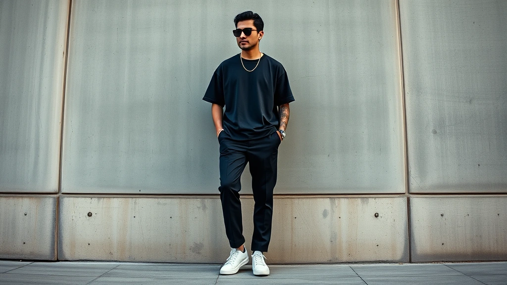 Urban streetwear fashion: person wearing oversized vintage band tee, tailored black trousers, pristine white sneakers, and bold accessories standing against modern industrial concrete wall, contemporary street style photorealistic