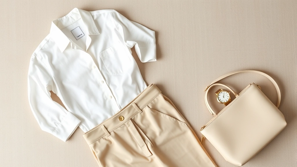 Overhead flat lay of minimalist fashion essentials: white button-up, tailored beige trousers, simple gold watch, and cream leather handbag arranged on neutral background with soft natural lighting