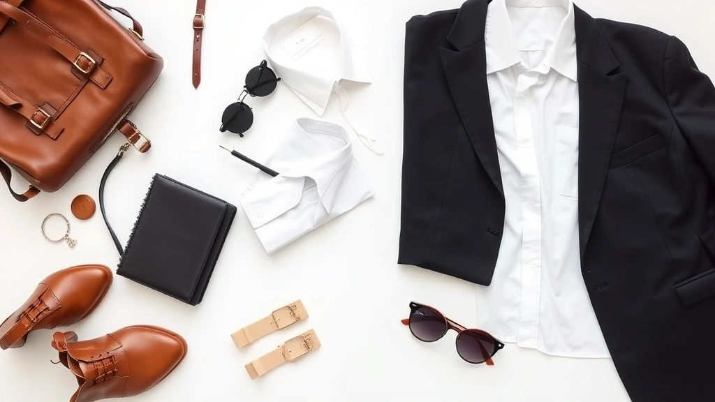 Professional fashion flat lay featuring classic tailored pieces, white button-down shirt, black blazer, neutral accessories, and quality leather bag arranged on white background, sophisticated and timeless aesthetic