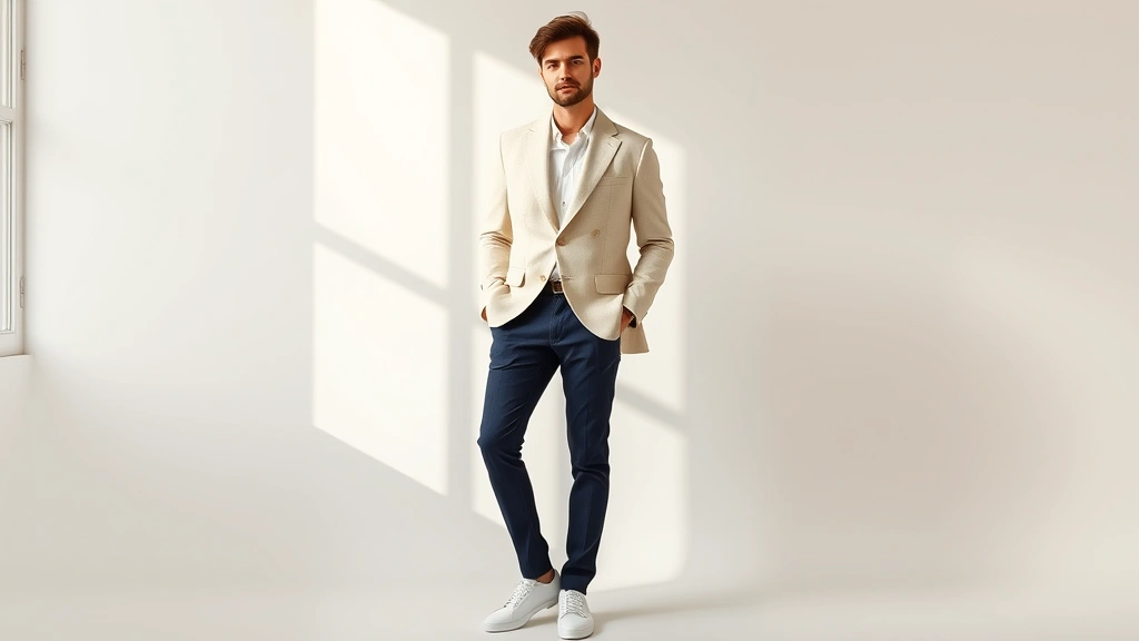 Professional model wearing tailored cream wool blazer, fitted navy trousers, and white leather minimalist sneakers, standing against soft neutral background with natural window lighting, embodying modern classic style elegance