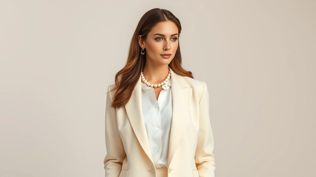 Woman wearing tailored cream blazer and white silk blouse with pearl accessories, neutral minimalist background, professional elegant posture, soft natural lighting