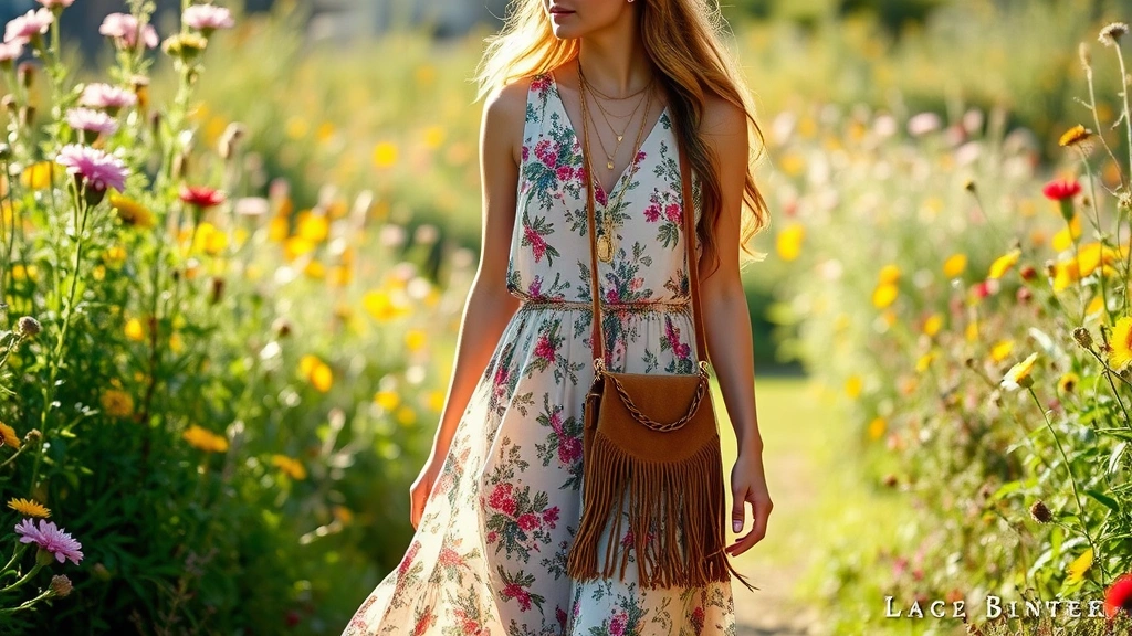 Young woman wearing bohemian style outfit: flowing floral maxi dress, layered gold necklaces, fringe suede bag, walking through sunlit garden with wildflowers, relaxed confident pose