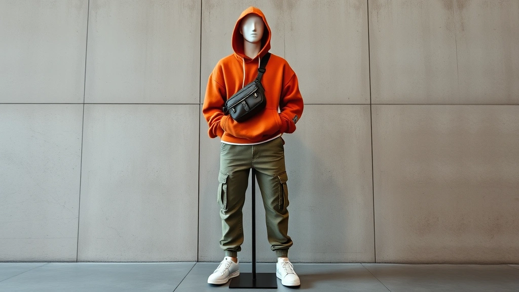 Urban streetwear outfit styled on modern mannequin wearing oversized hoodie, cargo pants, white sneakers, and crossbody bag against concrete wall backdrop, contemporary cool aesthetic