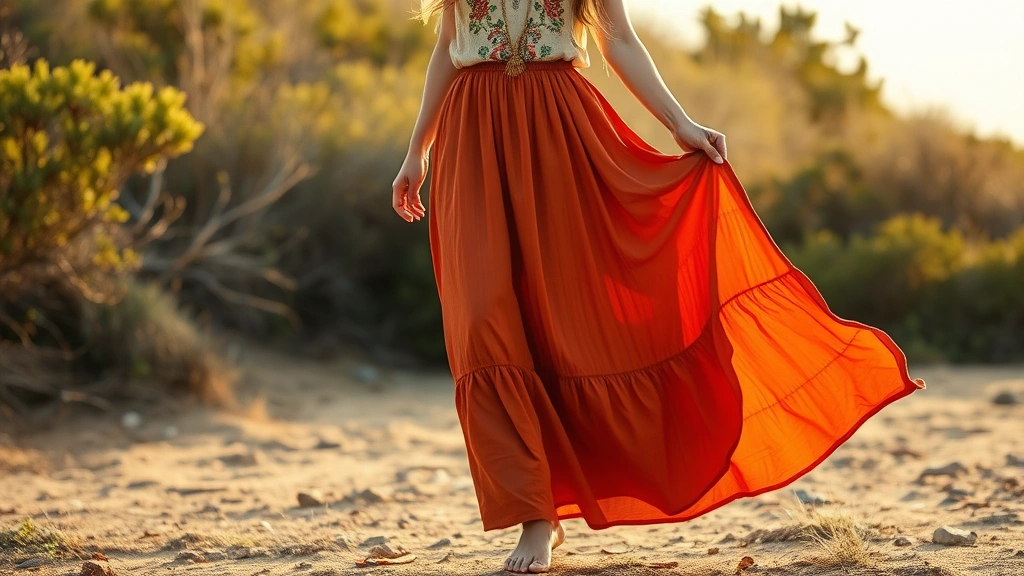 Boho fashion styled woman in flowing rust-colored maxi skirt with embroidered linen blouse, layered gold jewelry, barefoot on natural outdoor terrain with warm sunlight