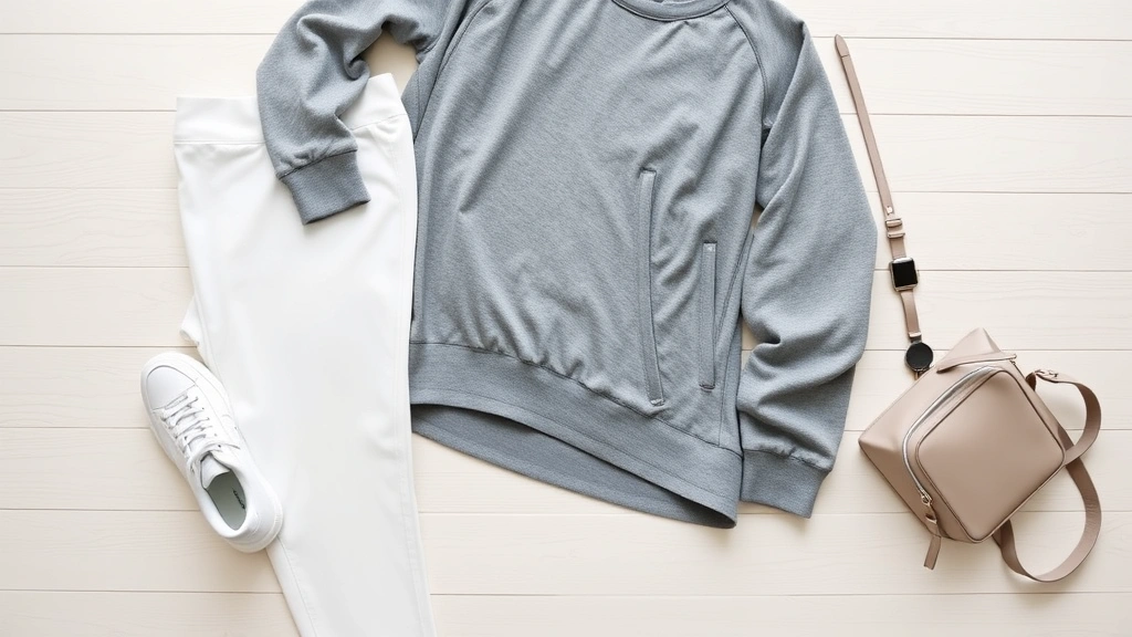 Fashion flat lay featuring athleisure pieces: high-waisted white leggings, oversized gray athletic jacket, premium white sneakers, minimalist crossbody bag, and smartwatch on light wooden surface with modern aesthetic