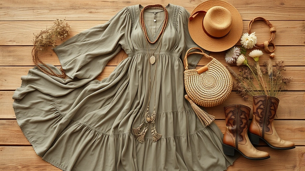 Bohemian style arrangement with flowing maxi dress, layered delicate jewelry, woven bag, and vintage boots on natural wood surface with dried flowers and earthy textiles, artistic free-spirited mood