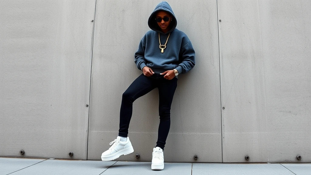 Fashion-forward individual in oversized charcoal streetwear hoodie, fitted black denim, white platform sneakers, and statement chain accessories, posed against urban concrete wall with confident contemporary style