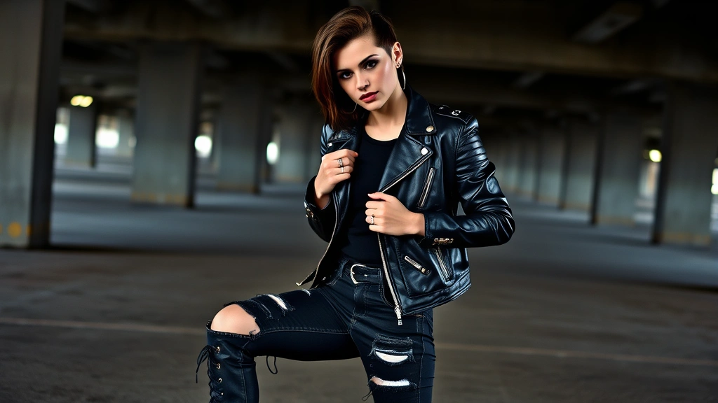 Edgy fashion enthusiast in black leather jacket, distressed dark denim, combat boots, statement silver rings, bold confident expression, urban concrete backdrop with dramatic lighting