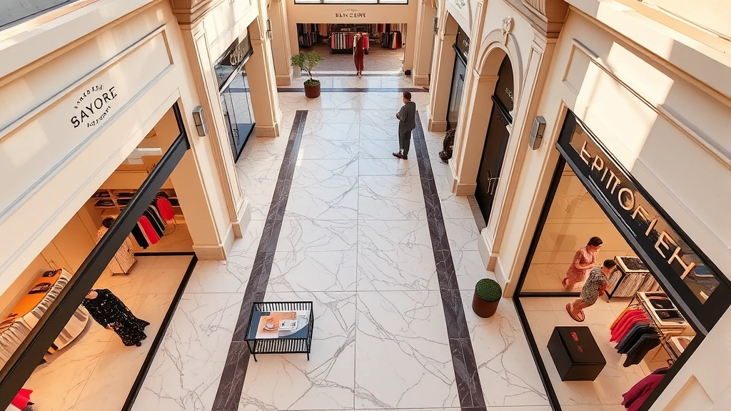 Overhead view of luxury fashion boutiques with marble flooring and modern storefronts displaying designer collections in warm Scottsdale afternoon light