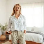 Woman wearing premium organic cotton white button-up shirt and natural linen trousers, standing in minimalist bedroom with wooden furniture, soft natural lighting, serene expression, professional sustainable fashion styling