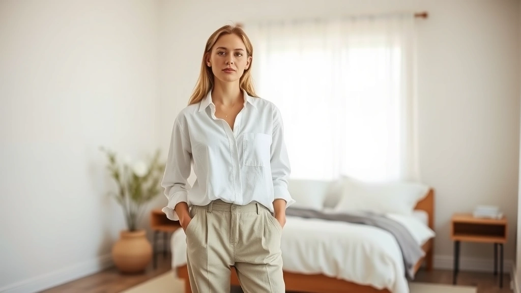 Woman wearing premium organic cotton white button-up shirt and natural linen trousers, standing in minimalist bedroom with wooden furniture, soft natural lighting, serene expression, professional sustainable fashion styling