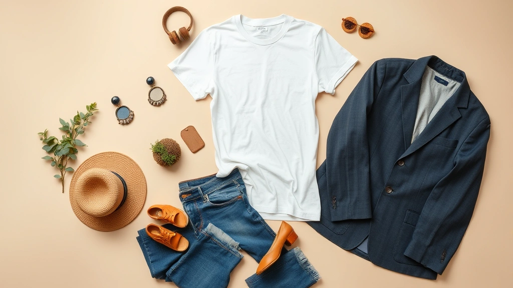 Overhead flat lay of sustainable fashion pieces: organic cotton t-shirt, linen blazer, recycled denim jeans, natural fiber accessories arranged artfully on neutral beige background, clean aesthetic, professional product photography