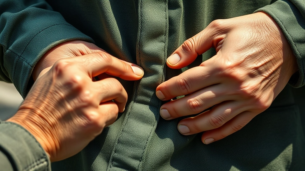 Hands examining quality stitching and fabric of a sustainable garment, close-up detail shot showing craftsmanship, natural lighting highlighting texture, emphasis on durability and construction excellence, ethical production focus