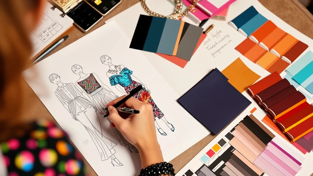 Fashion designer sketching geometric patterns and sequined garments on mood board with color swatches of jewel tones and metallics, vintage disco references visible