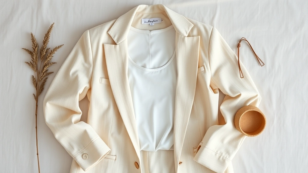 Overhead flat lay of minimalist clothing items arranged aesthetically: cream linen blazer, white tank top, natural fabric textures, subtle color palette, professional styling, bright natural lighting, high-quality fashion photography