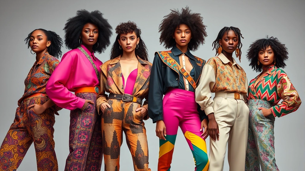 Young diverse models wearing bold maximalist fashion: vibrant color combinations, mixed patterns, textured fabrics, confident poses, studio lighting, contemporary fashion editorial style, inclusive representation of different body types