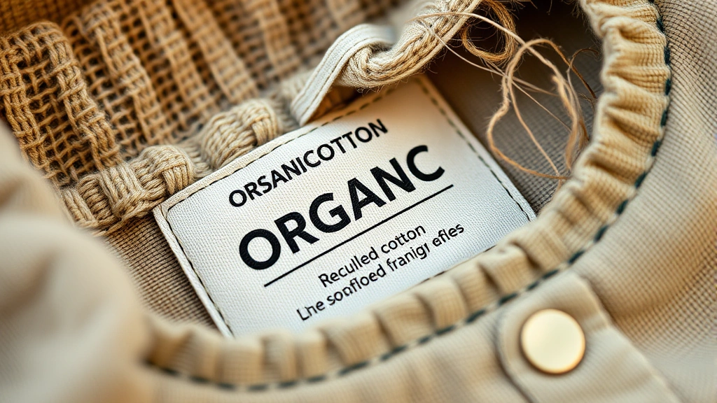 Sustainable fashion details: close-up of organic cotton label, recycled material texture, eco-friendly packaging, natural fibers, artisanal craftsmanship visible, warm lighting, authentic product photography showcasing quality and sustainability commitment