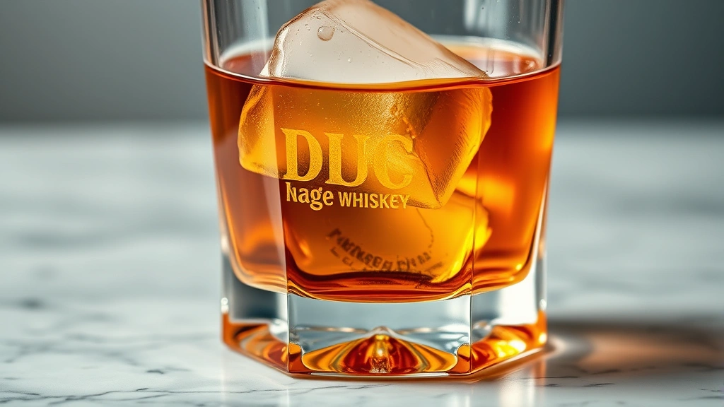 Close-up of a premium lead-free crystal double old fashioned glass filled with amber whiskey and a large ice cube, sitting on a marble surface with soft diffused lighting highlighting the glass clarity and liquid color