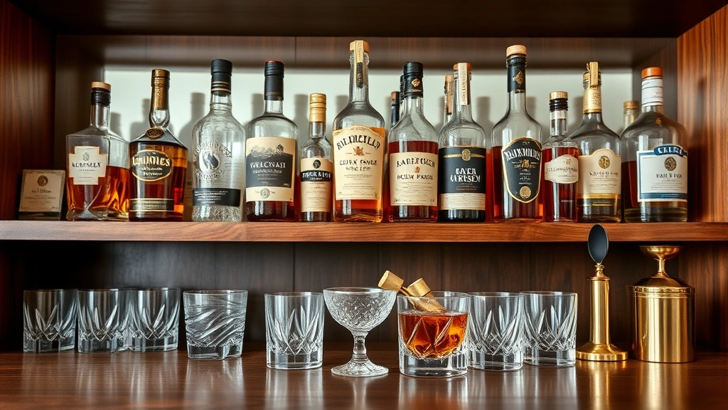 Elegant home bar setup featuring multiple double old fashioned glasses in different finishes—clear crystal, frosted, and vintage amber—arranged on open wooden shelving with premium spirit bottles and brass bar tools