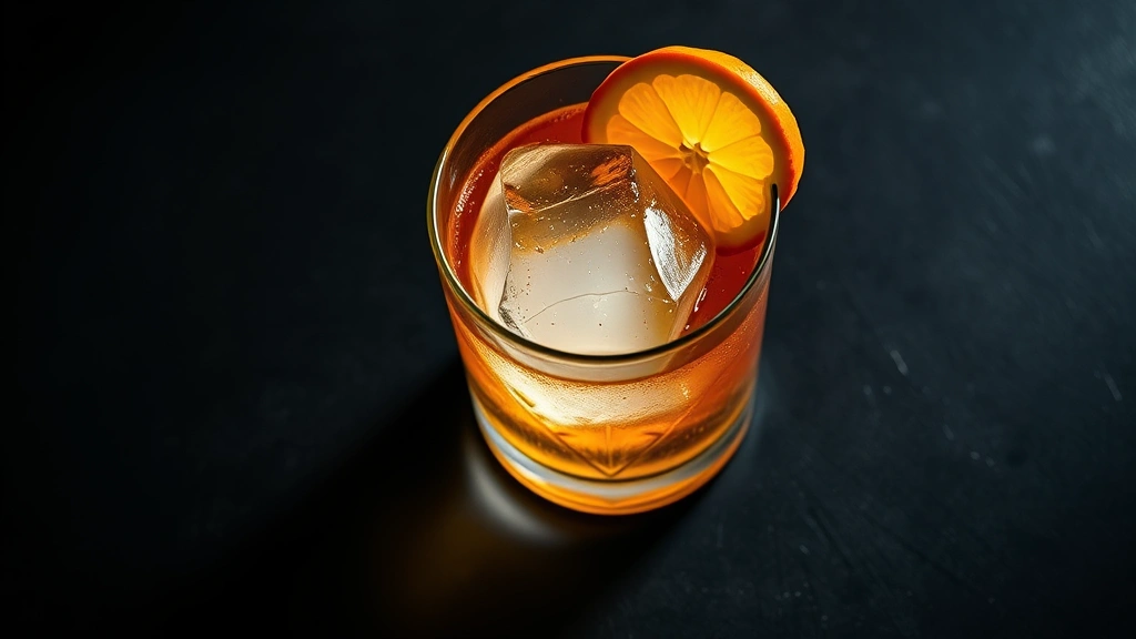 Overhead shot of a perfectly crafted cocktail in a double old fashioned glass with a single large ice sphere, fresh citrus garnish, and bitters, photographed against a dark moody background with dramatic side lighting