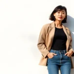 Asian woman in oversized neutral blazer and vintage high-waisted jeans posing against minimalist white wall, natural sunlight creating soft shadows, candid confident expression, photorealistic contemporary fashion styling