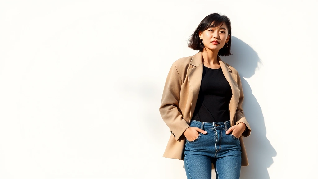 Asian woman in oversized neutral blazer and vintage high-waisted jeans posing against minimalist white wall, natural sunlight creating soft shadows, candid confident expression, photorealistic contemporary fashion styling