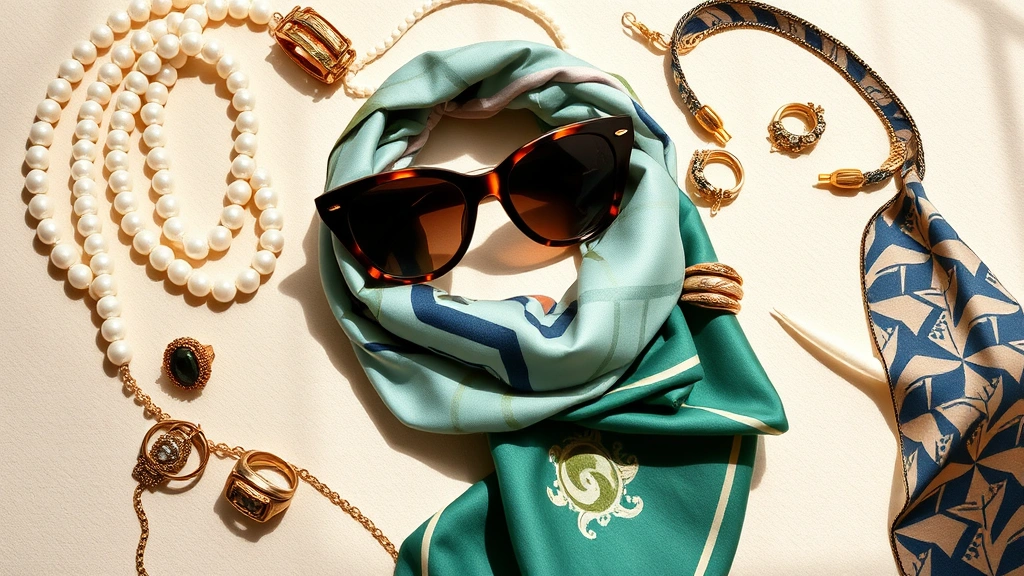 Flat lay fashion arrangement featuring vintage 60s accessories: pearl necklaces, oversized cat-eye sunglasses, silk scarves with geometric prints, statement rings, hair accessories, on neutral background with soft shadows