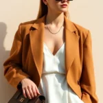 Woman wearing oversized camel blazer with white slip dress, thin gold chain necklace, black rectangular sunglasses, holding small structured leather handbag, standing against neutral background, natural lighting, fashion photography