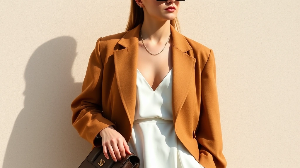 Woman wearing oversized camel blazer with white slip dress, thin gold chain necklace, black rectangular sunglasses, holding small structured leather handbag, standing against neutral background, natural lighting, fashion photography