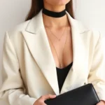 Young woman wearing oversized cream blazer, black slip dress underneath, delicate gold layered necklaces, black velvet choker, holding small baguette bag, minimalist aesthetic, natural lighting, confident pose, clean background