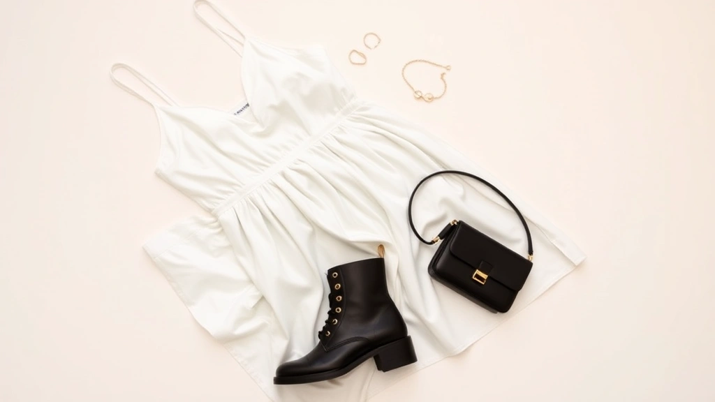 Flat lay of 90s essentials: white satin slip dress, black combat boots, minimalist jewelry pieces, small structured bag, rectangular sunglasses, neutral textures and tones, professional styling photography