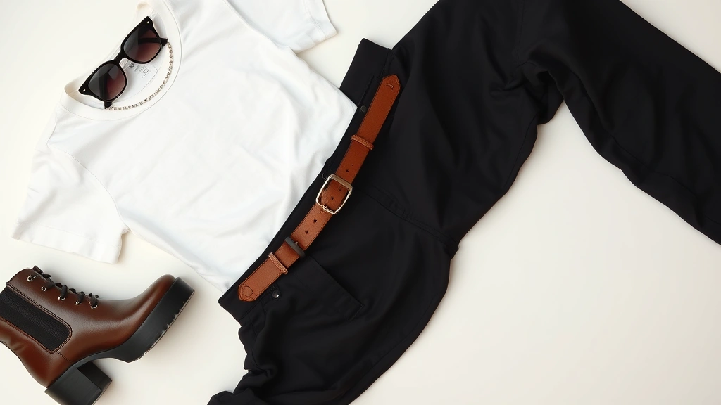 Fashion flat lay featuring black cargo pants, white baby tee, brown leather belt, chunky platform boots, small rectangular sunglasses, metallic choker, neutral color palette, professional product photography style