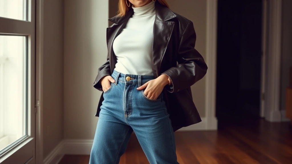 Woman in high-waisted vintage denim, fitted white turtleneck, oversized leather jacket, chunky loafers with dark socks, minimal gold jewelry, confident pose, natural indoor lighting, contemporary fashion editorial style