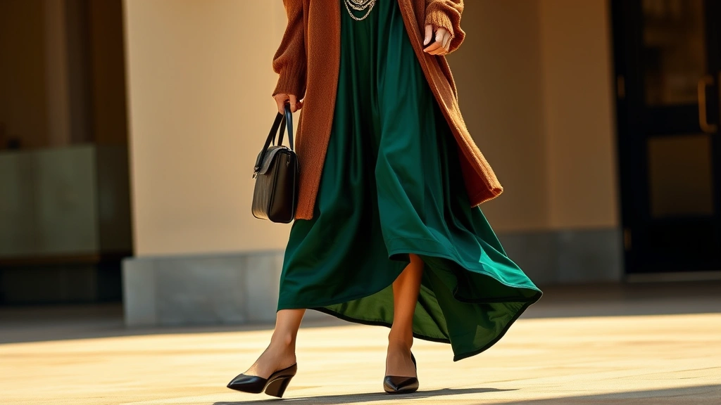 Woman in maxi slip skirt in deep emerald satin, oversized brown cardigan, pointed-toe mules, layered delicate chain necklaces, holding structured shoulder bag, warm natural lighting, editorial fashion photography