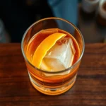 Overhead view of an expertly crafted Old Fashioned cocktail in a crystal rocks glass with a single large ice cube, fresh orange twist garnish, amber bourbon liquid, sophisticated bar setting with soft warm lighting, polished wooden bar surface, no logos or text visible