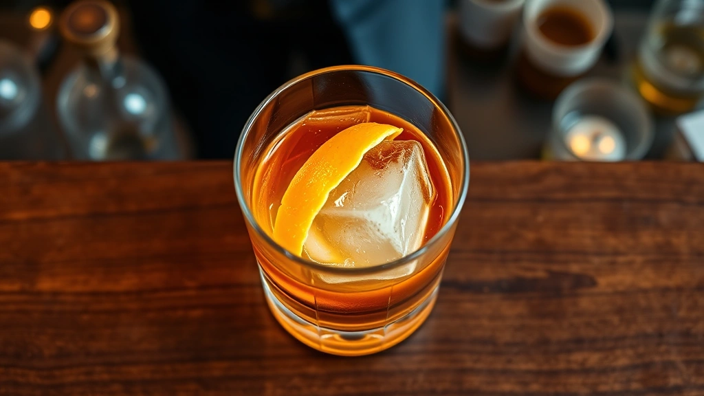 Overhead view of an expertly crafted Old Fashioned cocktail in a crystal rocks glass with a single large ice cube, fresh orange twist garnish, amber bourbon liquid, sophisticated bar setting with soft warm lighting, polished wooden bar surface, no logos or text visible