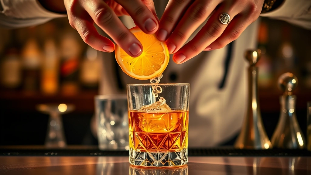 Close-up detail of bar preparation: hands expressing citrus oils over an Old Fashioned cocktail, showing the aromatic mist and golden liquid in crystal glassware, professional bartender setting, warm ambient lighting, premium bar tools, elegant and refined composition