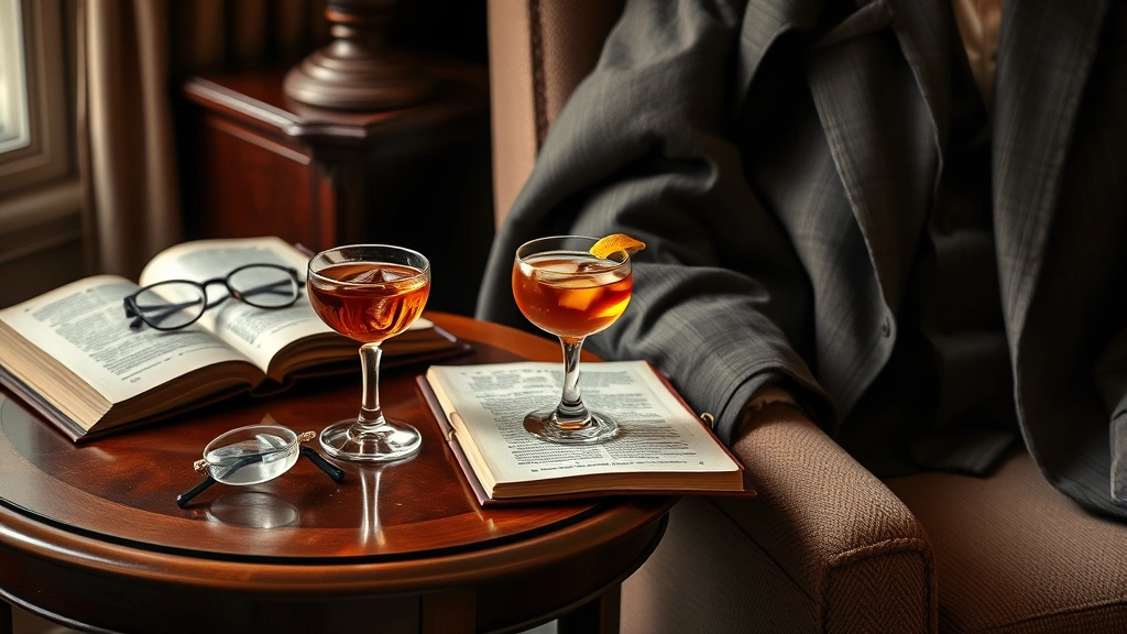 Styled lifestyle scene of an Old Fashioned cocktail on a mahogany side table next to an open leather-bound book, tailored blazer draped over a chair back, vintage reading glasses, warm interior ambiance suggesting refined living space, sophisticated aesthetic without any visible text or signage