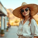 Woman wearing lightweight linen outfit with wide-brimmed straw hat, oversized sunglasses, and neutral tones standing in modern shopping district with desert landscape visible, warm golden hour lighting, confident pose