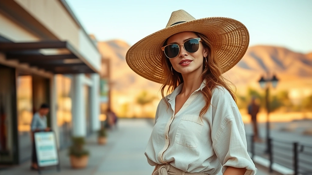Woman wearing lightweight linen outfit with wide-brimmed straw hat, oversized sunglasses, and neutral tones standing in modern shopping district with desert landscape visible, warm golden hour lighting, confident pose
