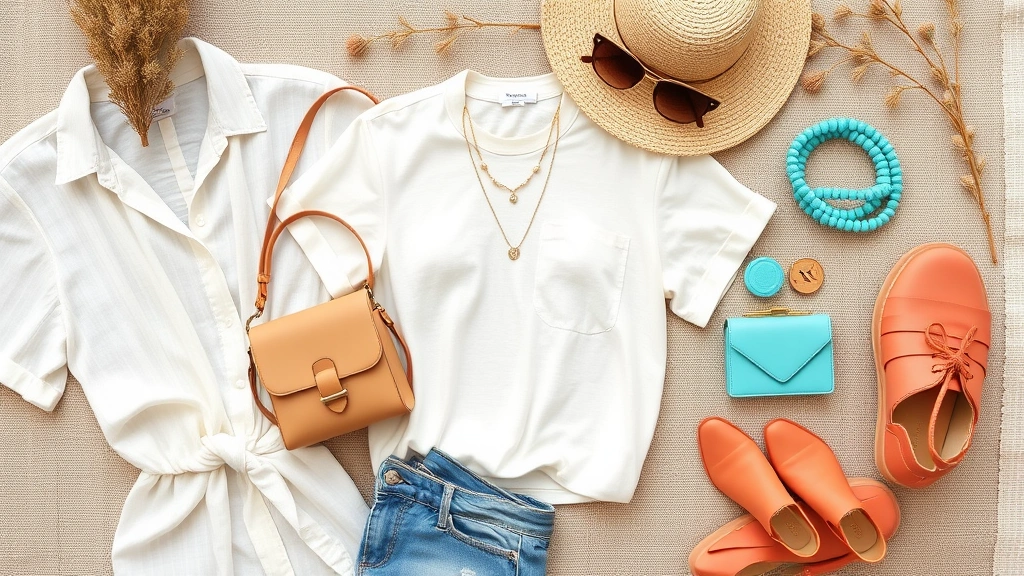 Flat lay of Chandler fashion essentials including lightweight cotton garments, delicate gold jewelry, beige leather crossbody bag, turquoise accessories, and coral-toned pieces arranged on natural linen background with desert botanical elements