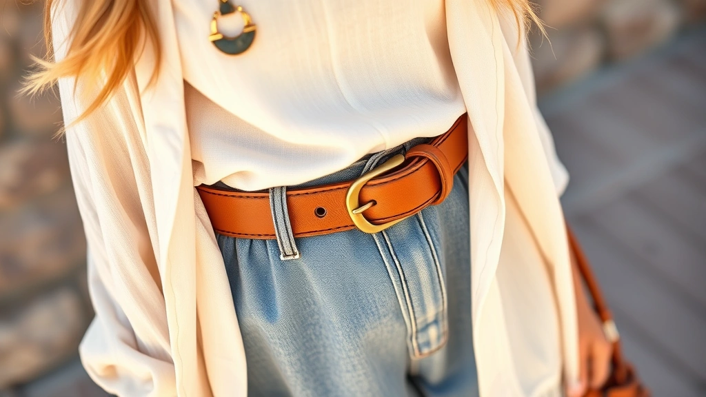 Close-up of woman's outfit featuring layered lightweight clothing, statement earrings, quality leather belt, and fashionable footwear appropriate for Arizona heat, showing how accessories elevate simple pieces, natural lighting