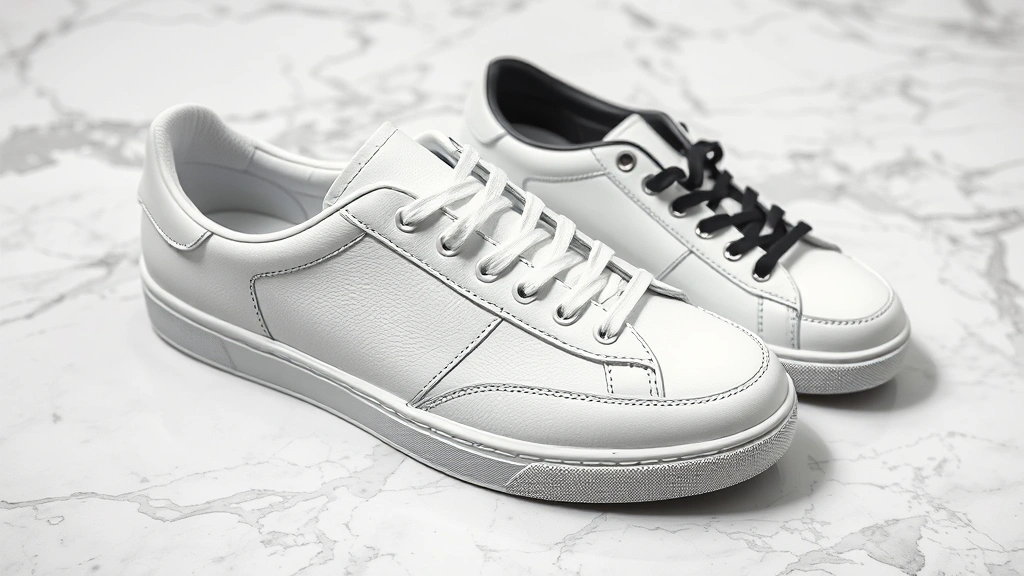 Luxury leather designer sneakers in pristine white and black, displayed on marble surface with minimalist aesthetic, professional product photography style, high-end footwear showcase