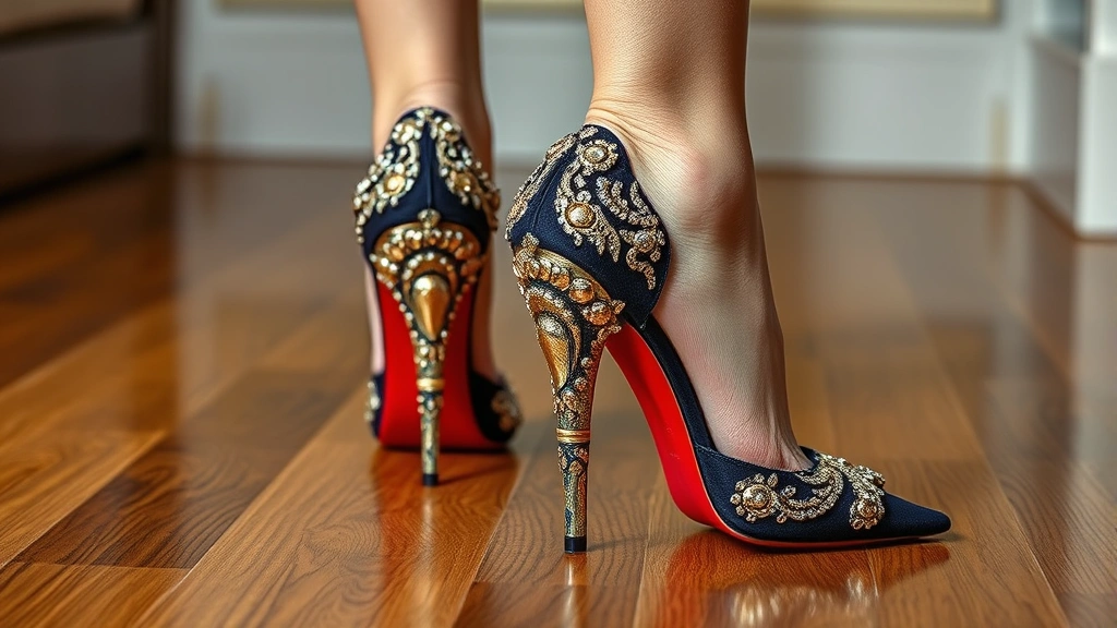 Statement designer heels in jewel tones with intricate metallic embellishments, styled on polished hardwood floor, elegant fashion magazine photography, luxury accessories close-up