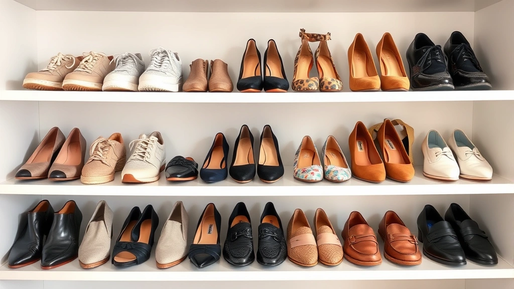 Curated collection of diverse premium shoes arranged artfully on designer shelf, including neutral sneakers, bold heels, and classic loafers, sophisticated wardrobe display, lifestyle fashion photography