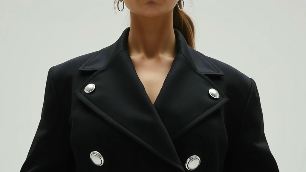 Close-up of oversized black asymmetrical blazer with exaggerated shoulders and metallic silver hardware, worn by person in minimalist studio setting, dramatic lighting emphasizing structural details and tailoring precision