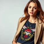 Young woman wearing vintage Ed Hardy graphic tee styled with tailored blazer and minimalist accessories, modern studio lighting, confident pose showing intentional fashion choice