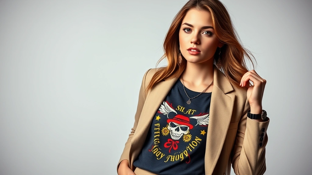 Young woman wearing vintage Ed Hardy graphic tee styled with tailored blazer and minimalist accessories, modern studio lighting, confident pose showing intentional fashion choice